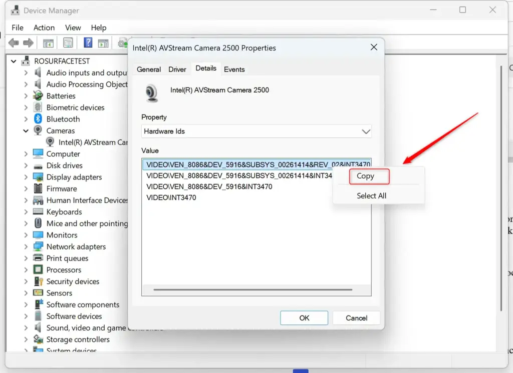 Copying the hardware ID from Device Manager in Windows 11.