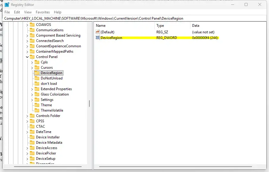 Windows Registry Editor displaying the Device setup country setting.