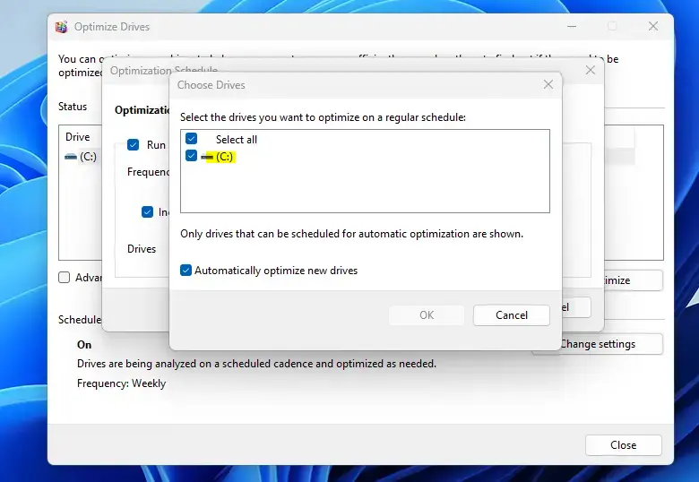 Select specific drives for Windows optimization schedule in Windows 11.