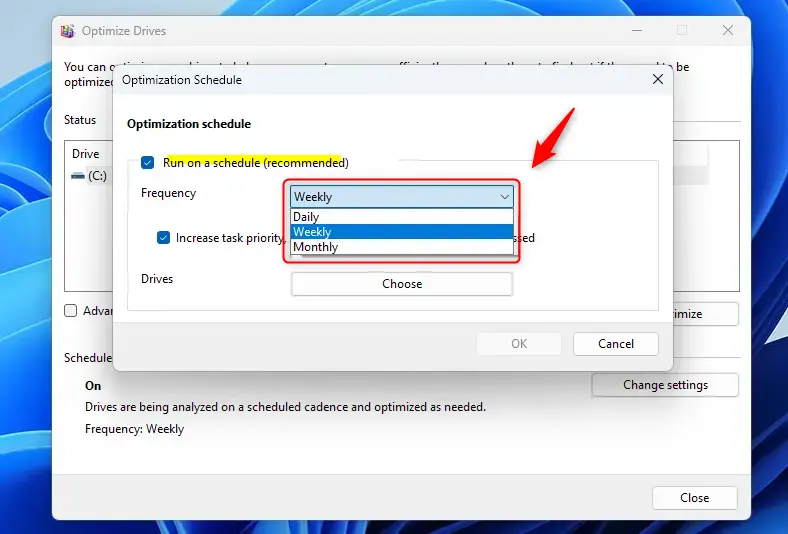 Change Windows drive optimization schedule from weekly to daily or monthly.