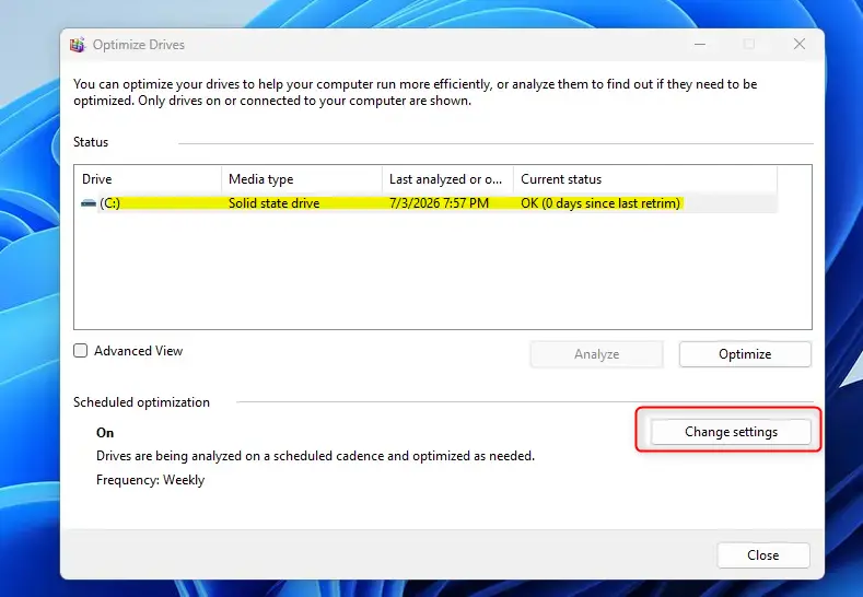 Click 'Change settings' to adjust Windows drive optimization schedule.