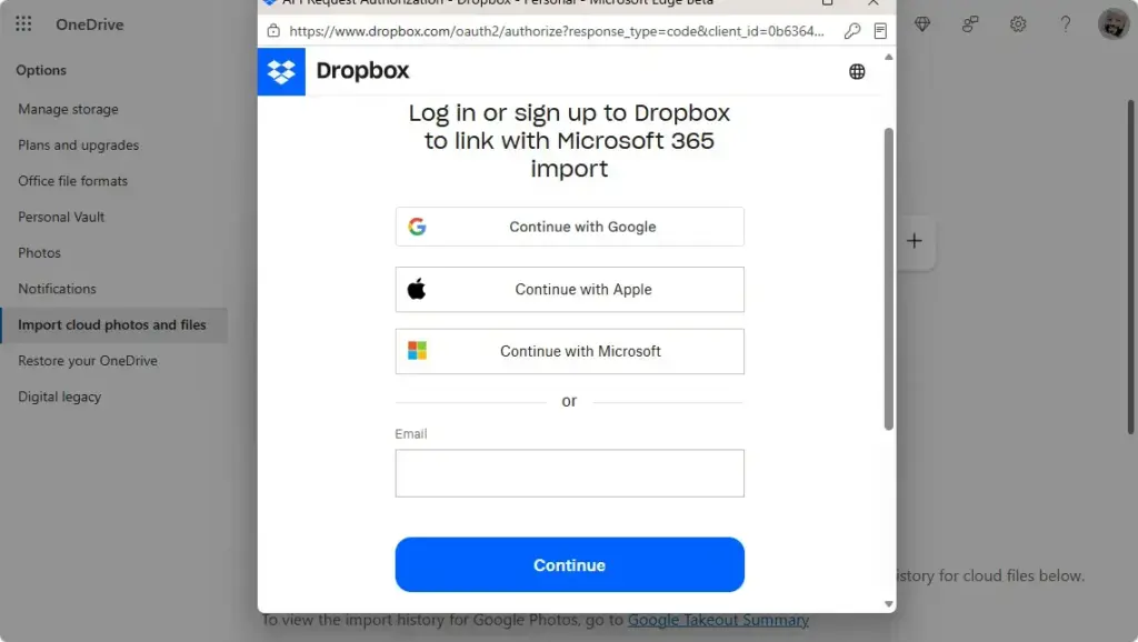 Dropbox login prompt screen within OneDrive interface.