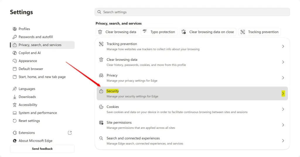 Microsoft Edge Security tile showing privacy and security options.