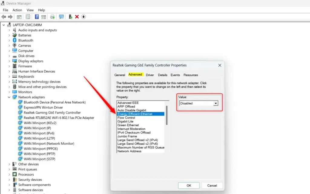 Energy Efficient Ethernet options in Windows 11 network adapter properties.