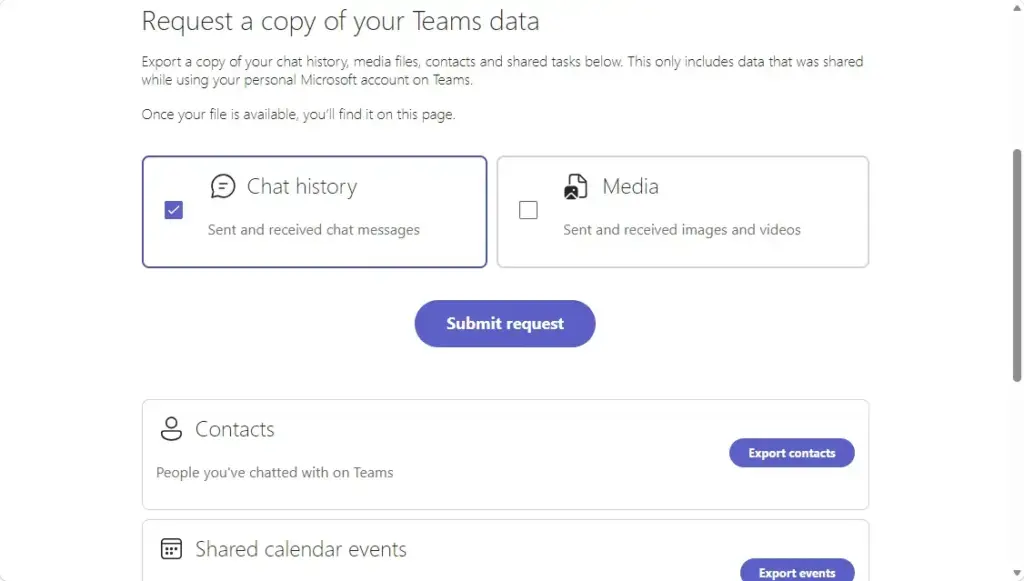 Microsoft Teams data export page showing sign-in prompt for account.