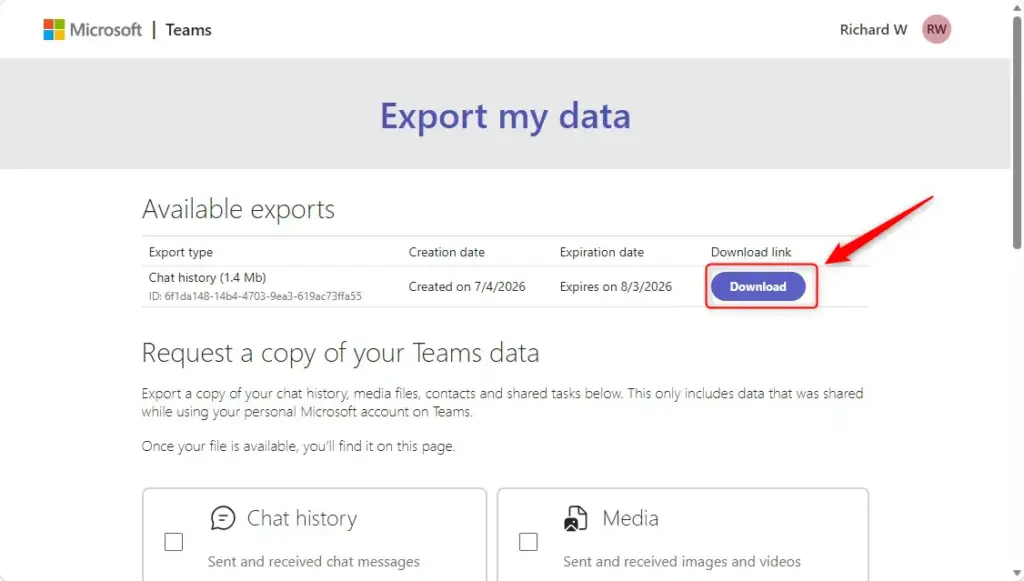 Microsoft Teams data export page showing submission confirmation for data request.