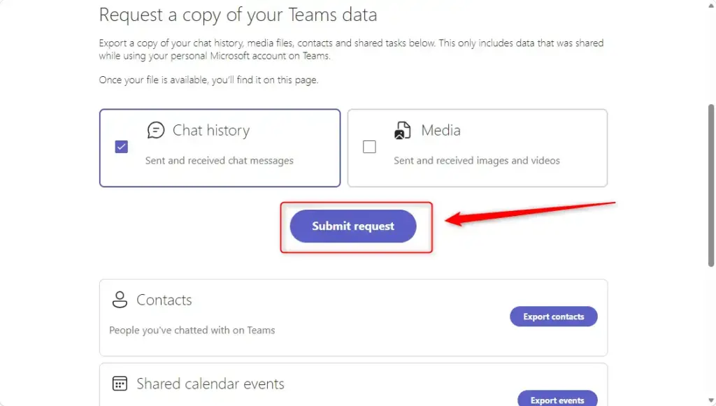 Microsoft Teams data export page with options to select chat history and media.