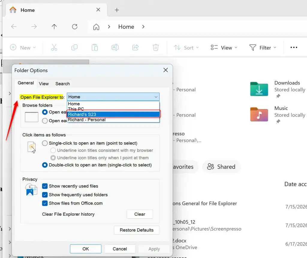 File Explorer dropdown menu showing "Mobile device" as an option.
