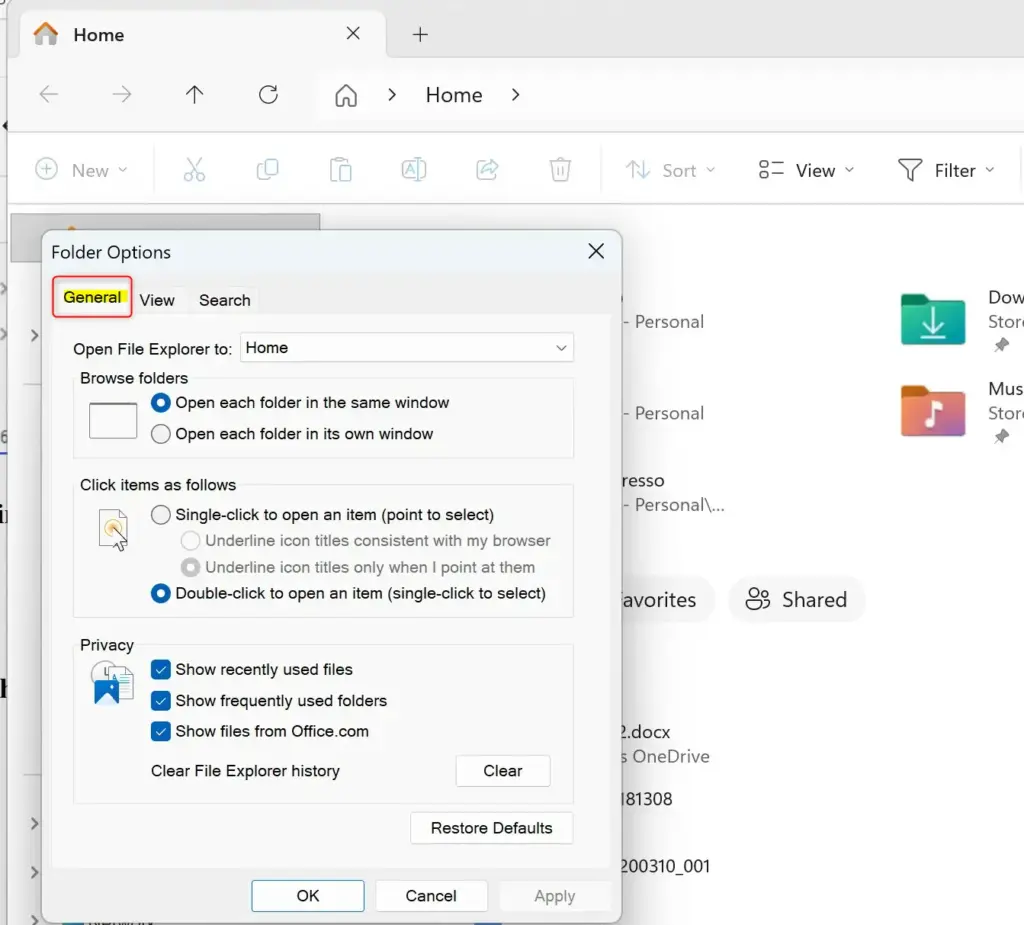 File Explorer Folder Options General tab showing "Open File Explorer to:" setting.