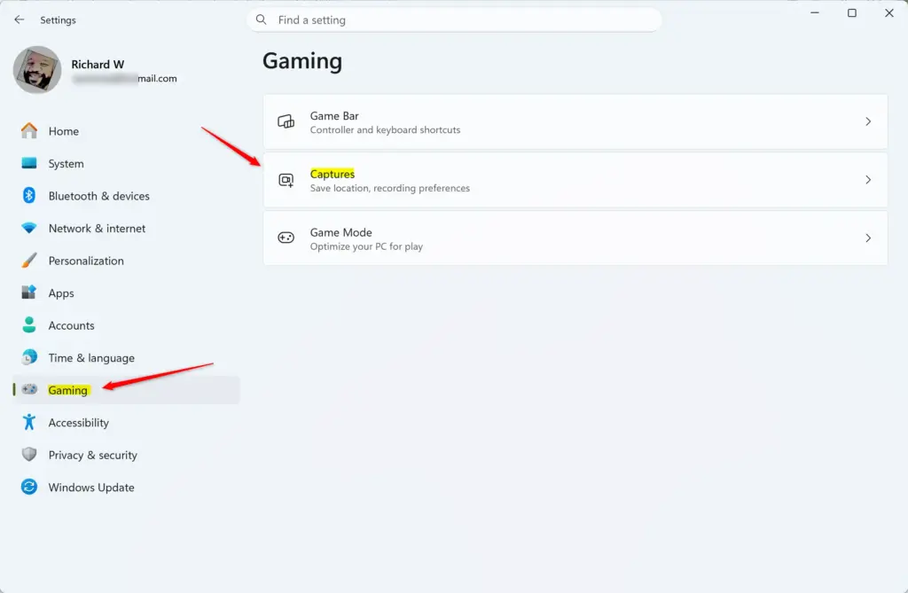 Windows 11 Settings app with Gaming section highlighted.