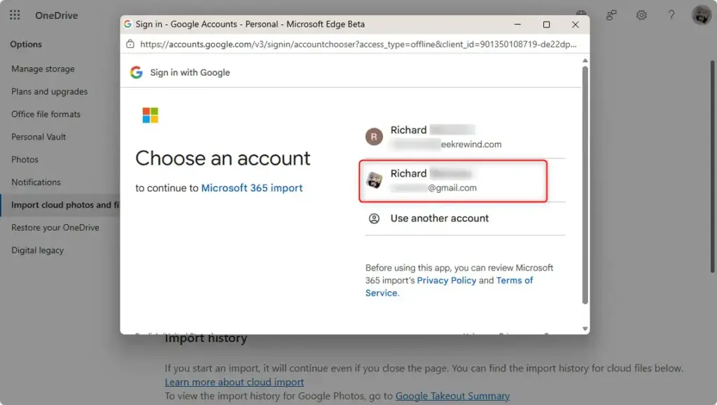 Google login prompt for connecting to OneDrive import.