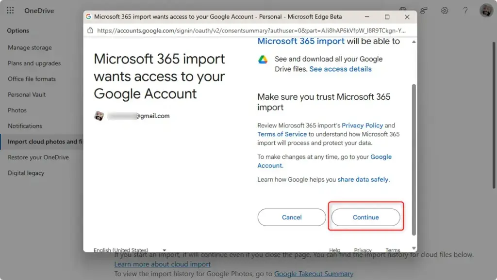 Google login prompt to continue with OneDrive import.