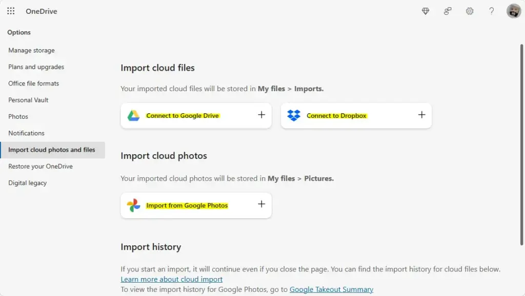 OneDrive import cloud photos and files connector interface.