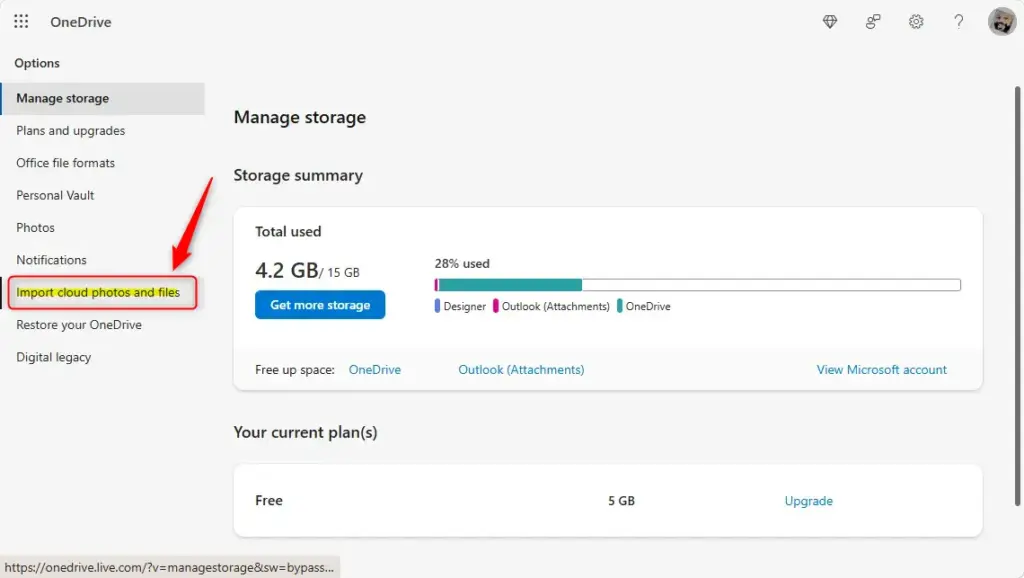 OneDrive import cloud photos and files option in settings.
