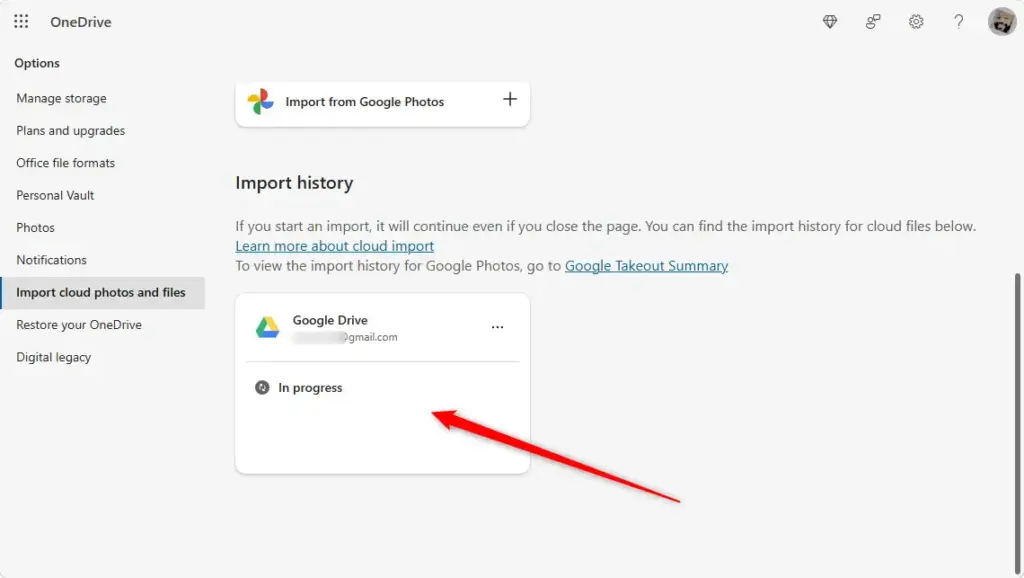 OneDrive import progress bar showing file transfer status.