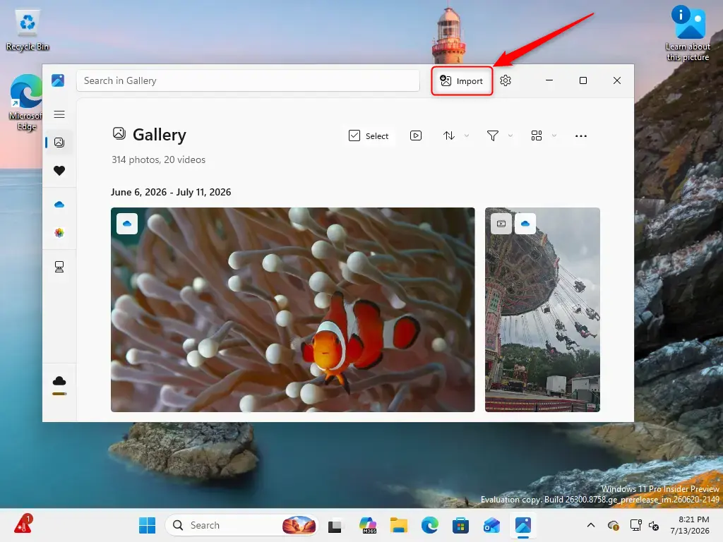 Windows 11 Photos app Import button to transfer phone pictures.