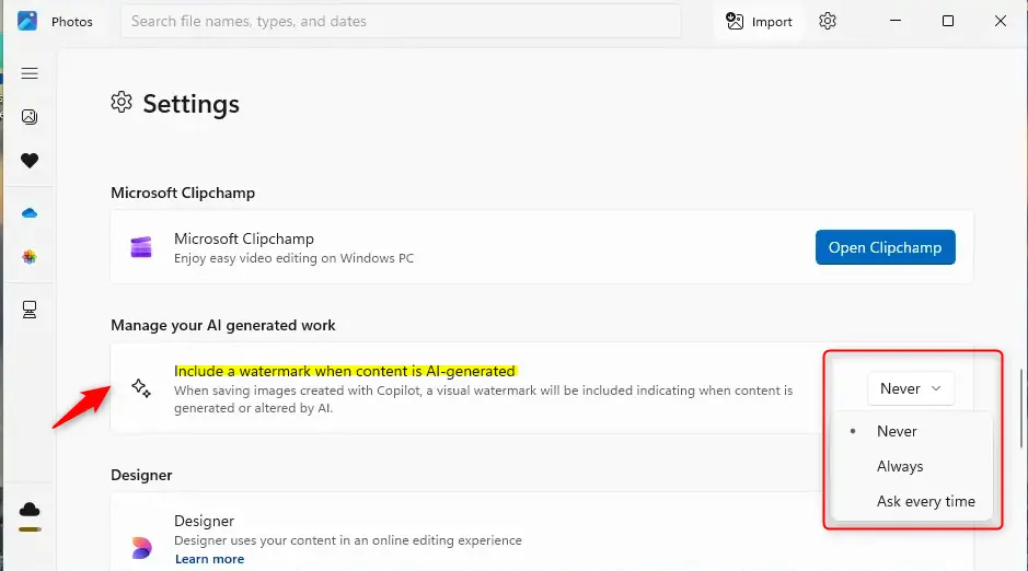 Windows 11 Photos app setting to include AI-generated watermark.