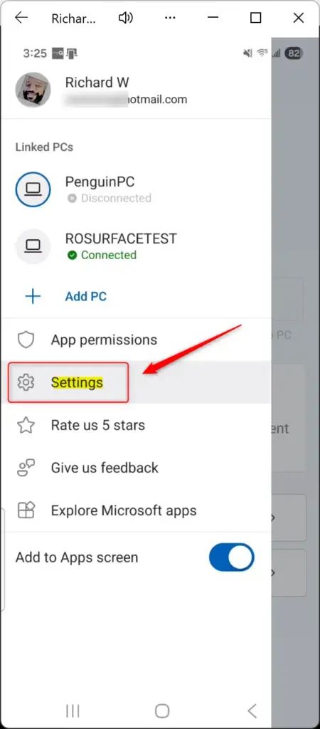 Link to Windows app (this is the name of the Android application) settings screen on Android phone.