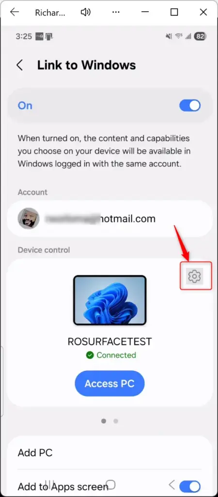Settings gear icon next to a linked Windows 11 device.