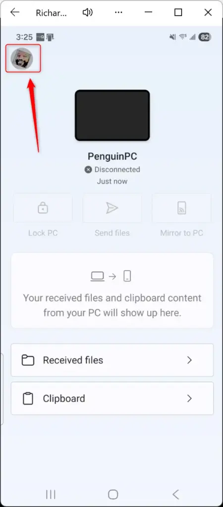Link to Windows app (this is the name of the Android application) profile screen on Android phone.