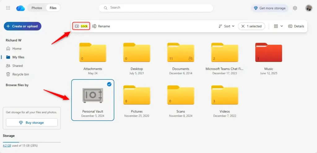 Accessing OneDrive Personal Vault online interface to manage security.
