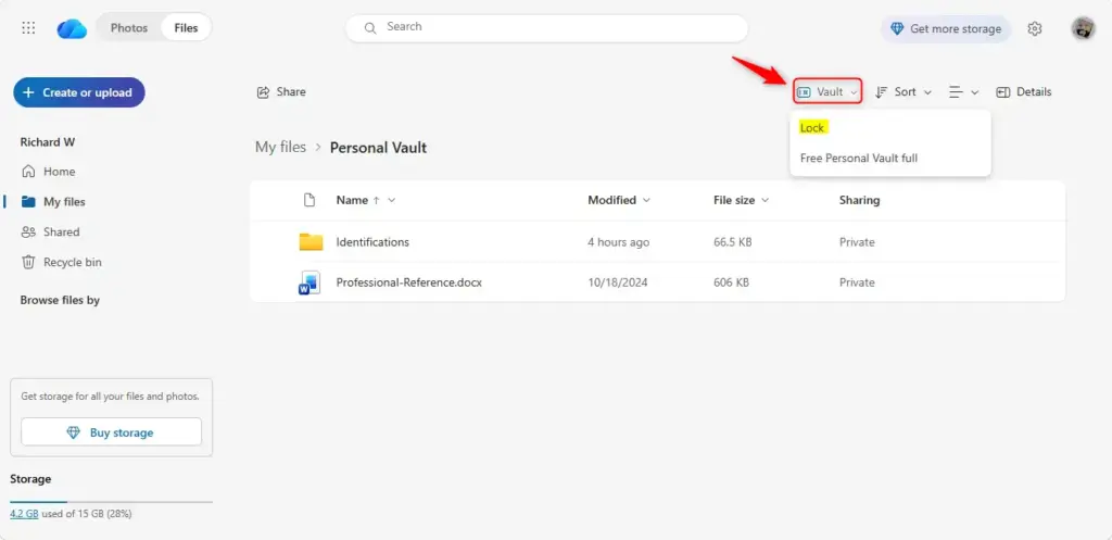 Clicking the 'Lock' button to secure OneDrive Personal Vault.