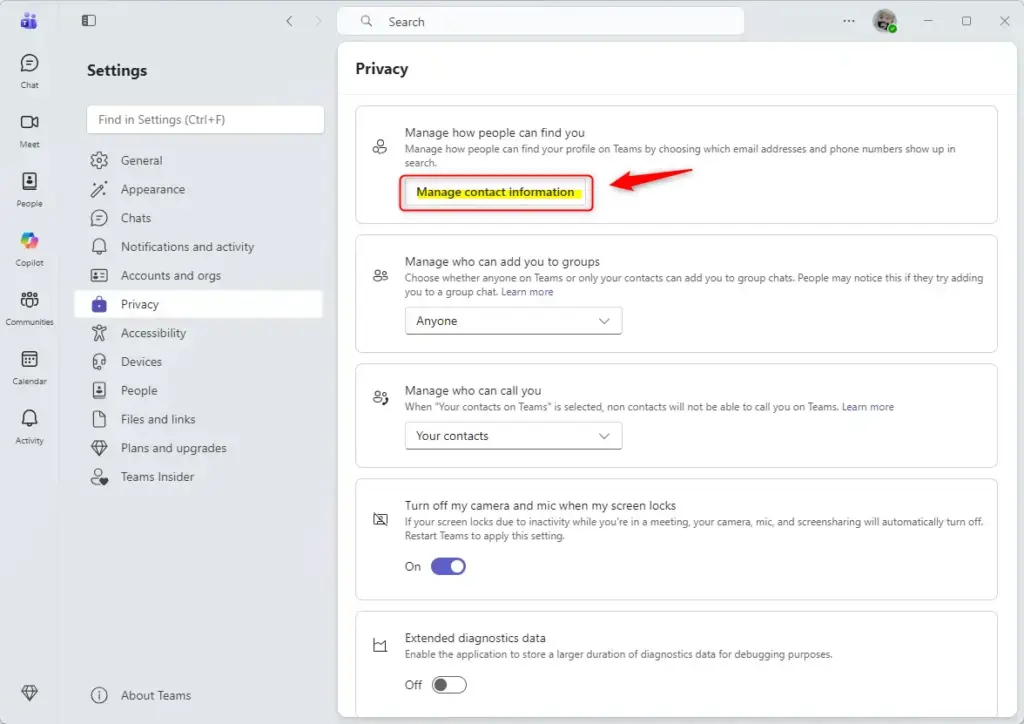Manage contact information settings in Microsoft Teams.