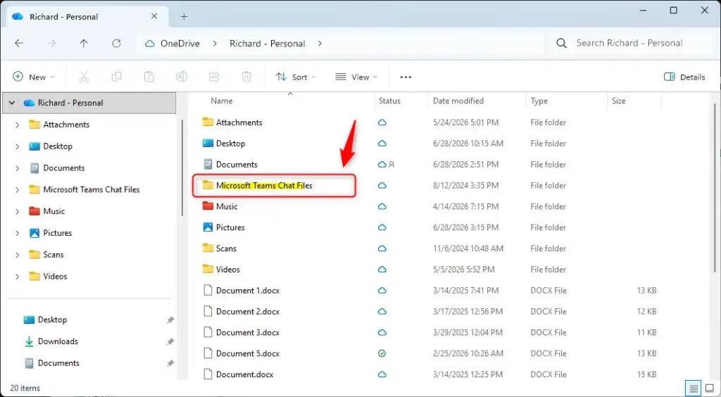 Microsoft Teams files overview in OneDrive, showing file management options.