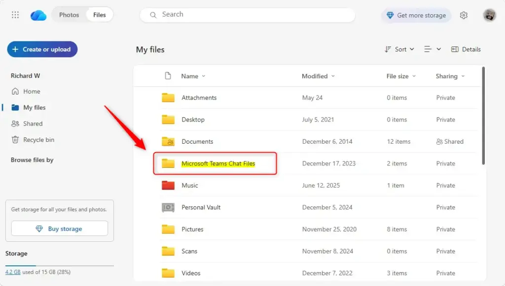 Locating the 'Microsoft Teams Chat Files' folder within OneDrive.