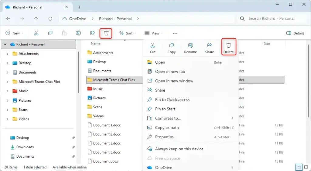 Selecting Microsoft Teams files in OneDrive for deletion process.