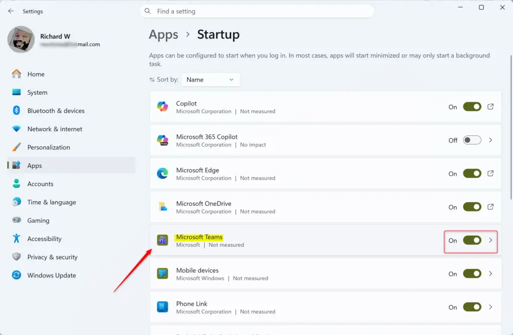 Microsoft Teams startup settings in Windows Task Manager.