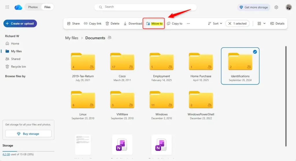 Selecting folders to move into OneDrive Personal Vault.
