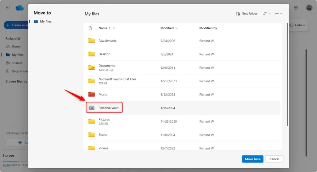 Choosing the Personal Vault folder to move files into.