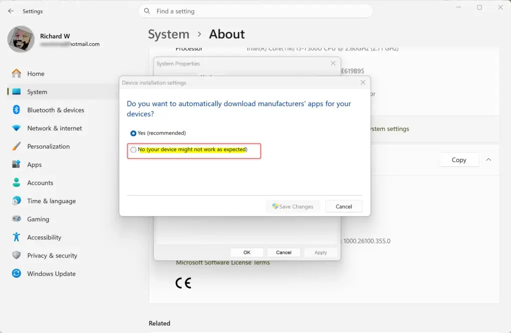 Windows 11 prompt asking to download apps for devices.