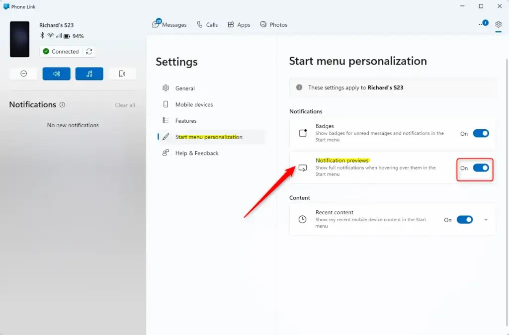 Windows 11 Start menu notification preview for linked phone