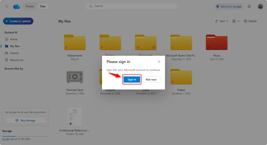 OneDrive sign-in screen for Personal Vault verification.