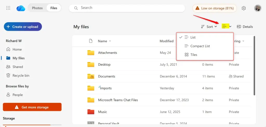 OneDrive interface showing options to change file viewing modes.