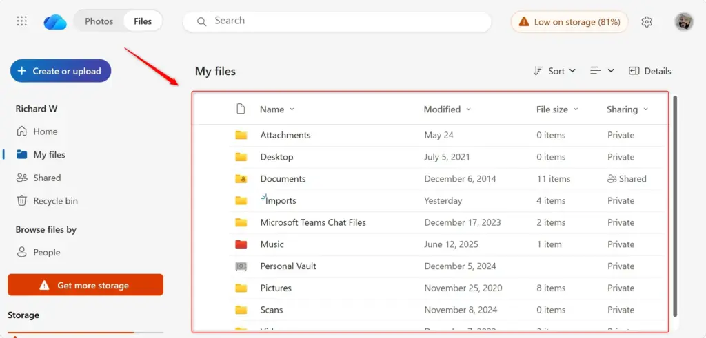 OneDrive Compact List View showing files with less spacing.