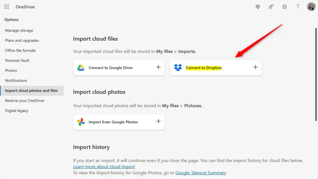 Connect OneDrive to Dropbox to begin file transfer process.