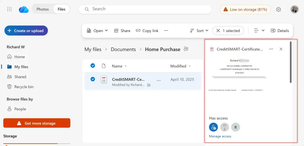 OneDrive file details pane showing general file information.