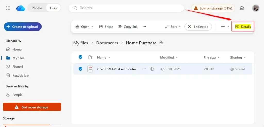 Click the Info icon to open the OneDrive file details pane.