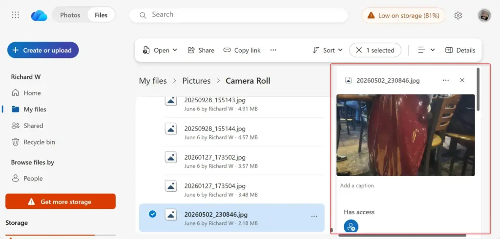 OneDrive image details pane showing photo-specific metadata.