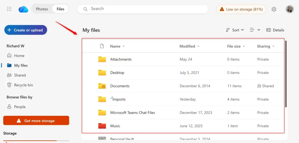 OneDrive List View displaying files with details like name and size.