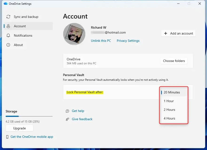 OneDrive Personal Vault automatically locks after inactivity period.