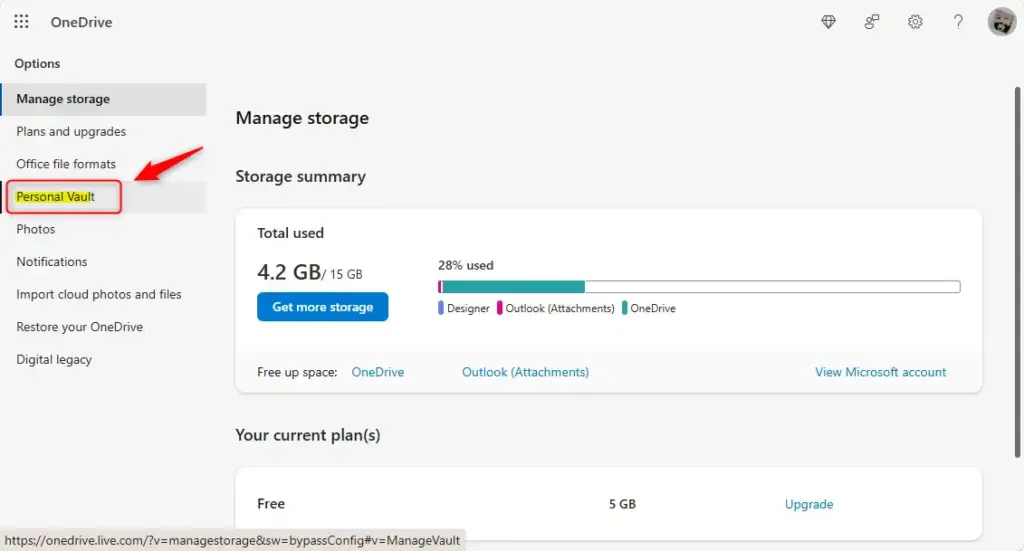 OneDrive online Personal Vault folder icon and setup prompt.
