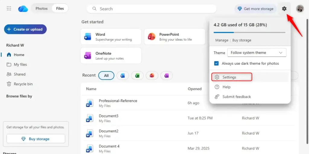 OneDrive online settings gear icon on the top right corner.