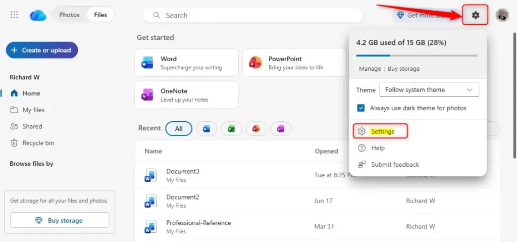 OneDrive online settings button for managing Personal Vault and 2FA.