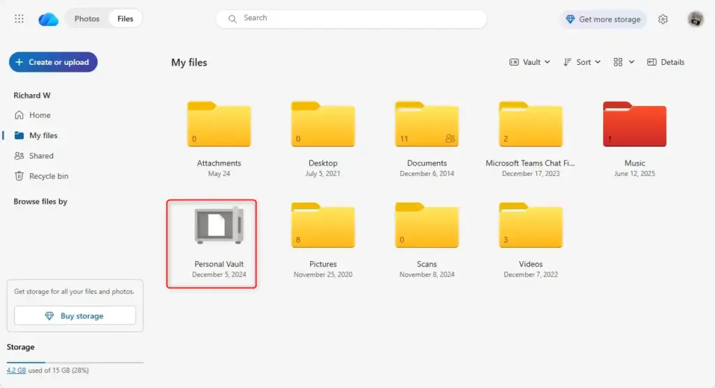 OneDrive Personal Vault interface showing secure file storage.