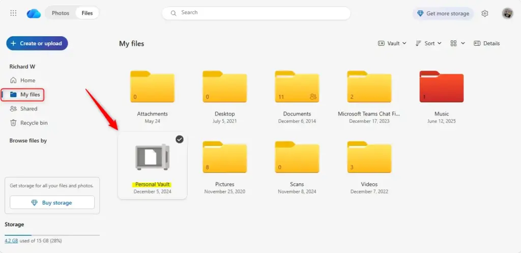 OneDrive Personal Vault folder icon on a computer screen.