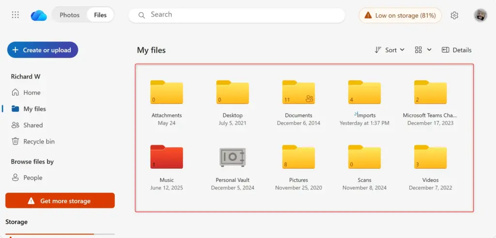 OneDrive Grid View displaying files as visual tiles with previews.